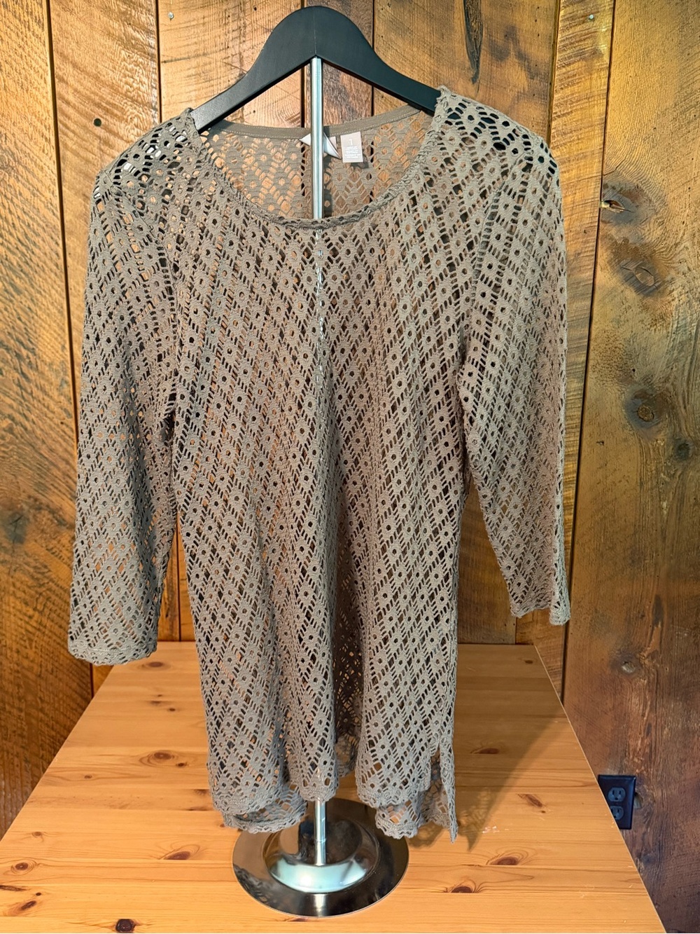 Chicos Boho Diamond Open Knit Crochet Tunic Top Sheer Taupe Medium Earthcore